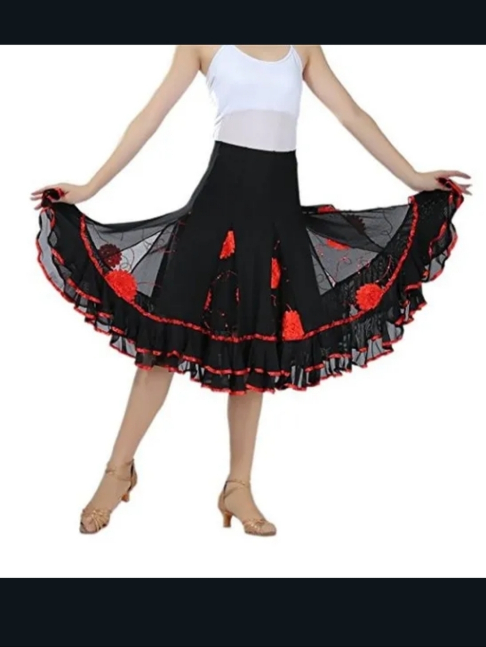 Stunning Black & Red Flamenco Style Skirt with Floral Appliqués